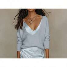 Women's Apricot Two-Piece Co-Ord Set, Deep V Knit Sweater & Satin Slip Dress, Casual Elegant Outfit For Daily, Home & Leisure - 勃根地套裝 - 查看 6