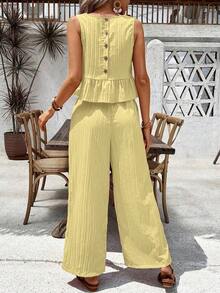 Conjunto casual de 2 piezas con blusa plisada de unicolor y pantalones de pierna ancha para mujer - Amarillo - Ver 2
