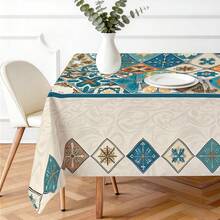 1pc Rectangular Polyester Tablecloth, Blue & Orange Tile Pattern Design, Single-Sided Printing, Suitable For Tabletop, Washable And Reusable, Applicable For Indoor, Outdoor, Patio, Wedding, Party, Dining, Craft Exhibition, Banquet Decoration - Multicolor - View 2