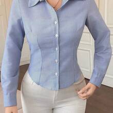 Camisa de manga larga a rayas minimalista y casual para mujer - Caqui - Ver 4