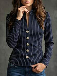 Women's Retro Striped Long Sleeve Blazer Jacket, Stand Collar, Silver Buttons, Polyester, Regular Length, Work Wear Style, Autumn/Winter Fall - Royal Blue - View 6