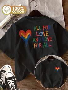 Women's Casual Summer Tops, Spring And Summer Top With Double-Sided Print, Style Adorned With Hearts, Text And Rainbow Colors. Casual Short-Sleeved T-Shirt And - Black - View 7