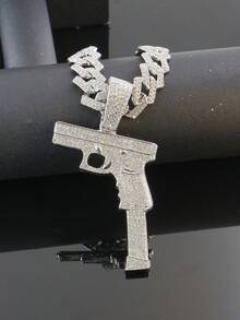 Men's Hip Hop Gun Pendant Jewelry Set, Cuban Chain Bracelet & Watch 1 Set, 15mm Diamond Street Style Shiny Set, Men's Gift, Suitable For Party & Birthday - Gun Pendant Necklace Set - View 8