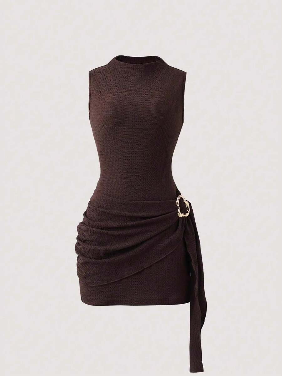 Vestido entallado de un solo color con botones metálicos, adelgazante, nuevo primavera‑verano 2026 europeo‑americano - Marrón - Ver 1