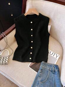 Chaleco de punto elegante y versátil con botones delanteros, estilo elegante y minimalista de moda francesa para mujer - Negro - Ver 4