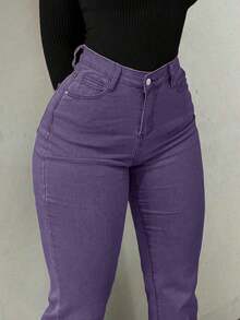 GILIPUR Jeans acampanados de talle alto para mujer estilo Y2K, pantalones vaqueros ajustados de color verde militar vintage, elásticos, elegantes y de moda, fondo versátil y casual para primavera - Morado - Ver 3