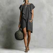 Women's Linen Blend Mini Dress, Boat Neck Ruffle Short Sleeve Asymmetrical Hem Shift Dress With Pockets, Casual Summer Outfit For Everyday & Vacation - 粉色 - 查看 3