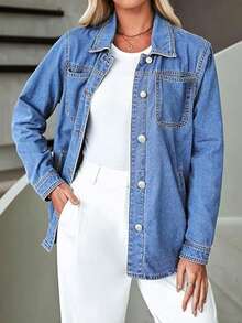 Women's Casual Loose Denim Shirt Jacket With Pockets - Medium Wash - View 4