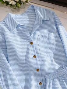 Conjunto de camisa y pantalones cortos a rayas azules y blancas para mujer, conjunto informal y holgado para vacaciones de verano - Azul y blanco - Ver 4