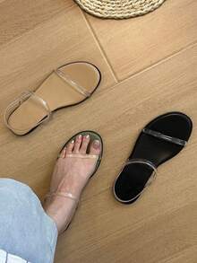 Women's Minimalist Transparent Strap Flat Sandals For Summer - Black - View 4