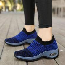 Women's Ribbed Knit Slip-On Athletic Shoes With Air Cushion, Thick Sole Wedge Walking Shoes - Rs1839 Blue - View 5