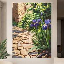 Enmarcado Póster de sendero de jardín,  de flores de iris, arte mural vintage, decoración clásica, pintura mural artística, ideal para regalo, decoración del hogar y dormitorio, adecuado para dormitorio, sala de estar, 1 pieza , plano 2D, perfecto para la decoración de la habitación. - Enmarcado - Ver 3