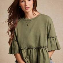 Camiseta con cuello redondo de punto slub, mangas con volantes y peplum, ideal para volver al colegio, otoño y conciertos country - Albaricoque - Ver 2