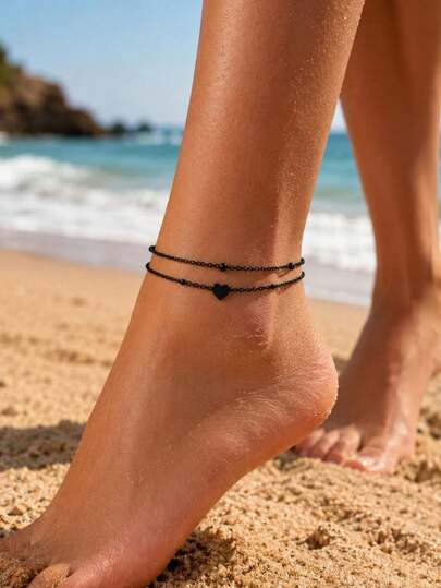 2pcs Minimalist Black Heart Charm Double Layer Anklet, Beach Vacation Chain Foot Jewelry For Women, Summer Y2K Boho Ankle Bracelet