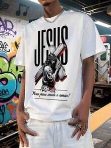 Camiseta de manga corta para hombre con estampado gráfico de Jesús cargando una cruz, diseño religioso | Diseño exquisito |   Suelto y cómodo |   Fácil de combinar | - Blanco - Ver 7