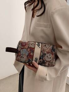 女款可愛熊圖案帆布手提化妝包兼盥洗用品收納袋，大容量便攜，適合通勤與旅行 - 彩色 - 查看 2