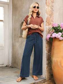 Jeans de pierna ancha con cintura con cordón y bolsillos grandes para mujer - Azul lavado oscuro - Ver 1