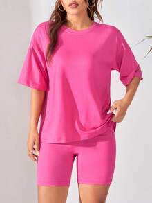 Set Kaos dan Celana Pendek Kasual untuk Rumah - Hot Pink - View 4