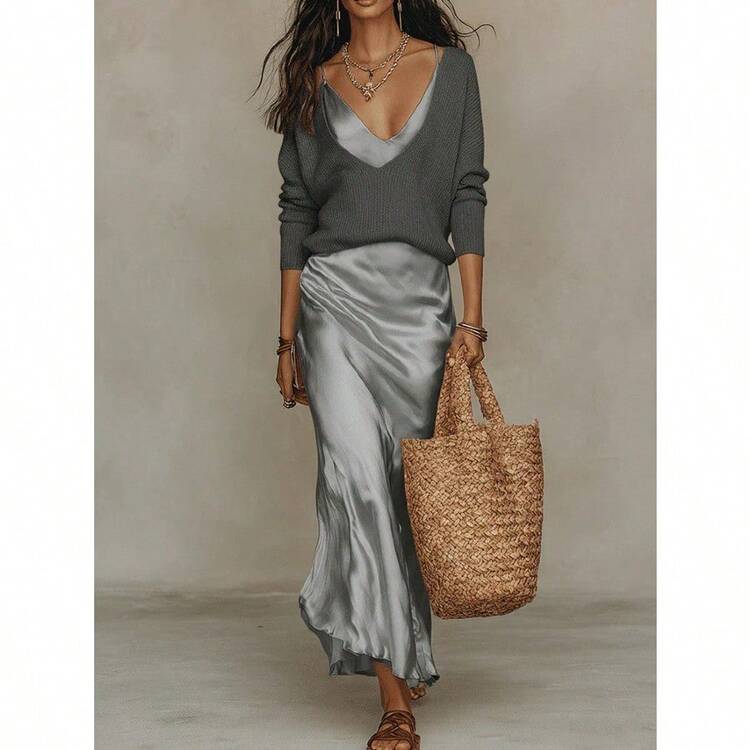 Women's Apricot Two-Piece Co-Ord Set, Deep V Knit Sweater & Satin Slip Dress, Casual Elegant Outfit For Daily, Home & Leisure - 灰色西裝 - 查看 1