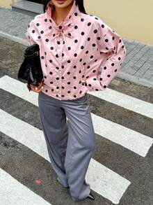 Áo khoác sơ mi chấm bi thời trang nữ Seelio Xuân/Hè mới về, kiểu dáng preppy đa năng, tay dài, cổ đứng. - Chấm bi hồng - Xem 4