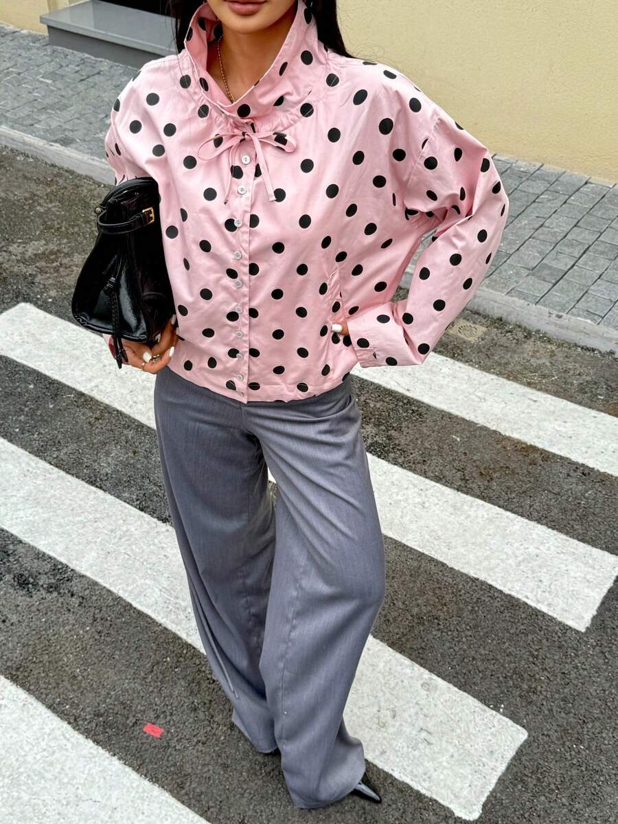 Seelio Áo khoác sơ mi nữ họa tiết chấm bi thời trang mới về Xuân/Hè, phong cách Preppy đa năng, tay dài cổ đứng đi du lịch - Chấm bi hồng - Xem 1