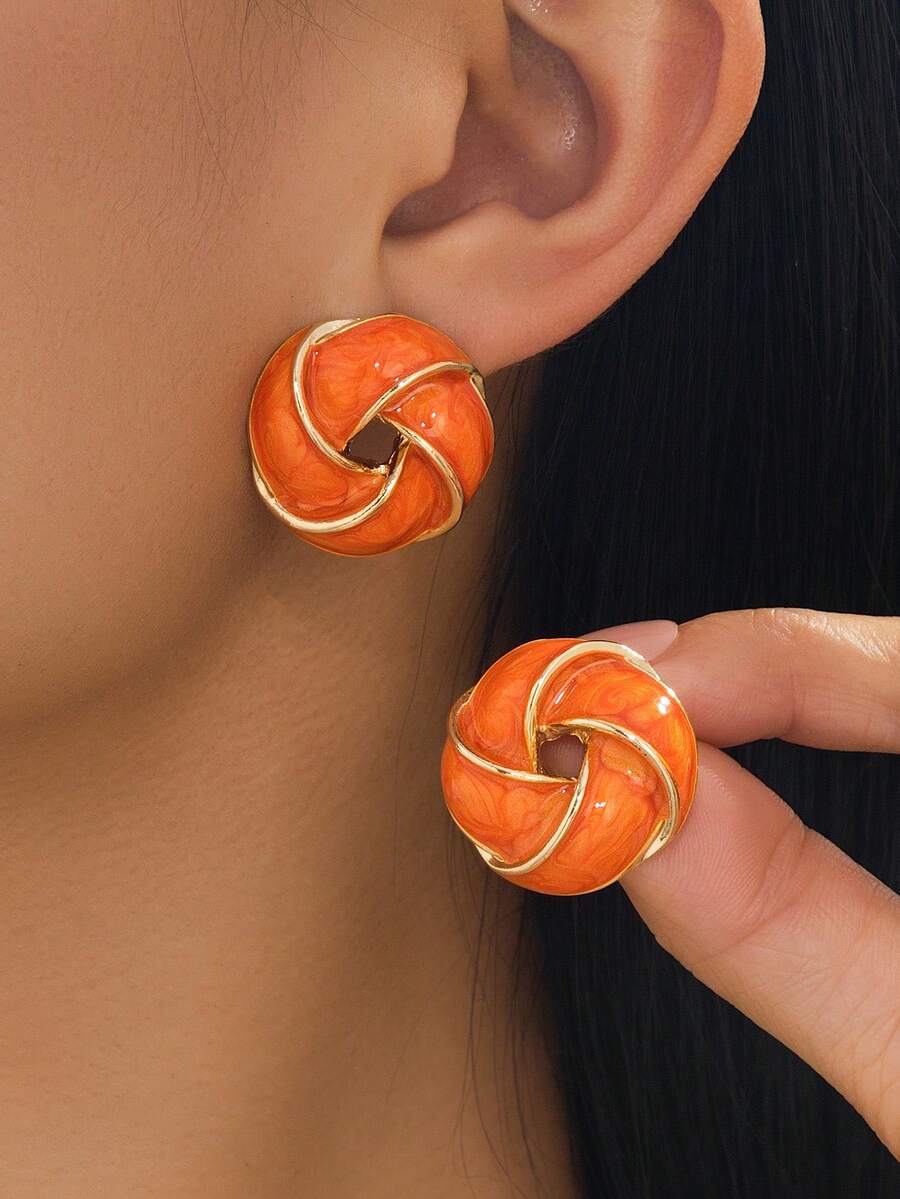 1 Pair Summer Beach Vacation Niche Design Orange Handmade Oil Drop Gold Edged Twist Knot Earrings For Women - Orange - View 1