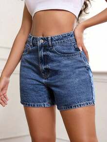 PETITE Pantalones cortos de mezclilla lavada para el verano - Azul lavado oscuro - Ver 6