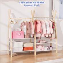 Kids Clothing Rack Dress Up Storage Closet For Girls Baby Garment Wardrobe Toddler Costume Closet With Double Hanging Rod Wood 2 Tier Bottom Storage Shelves (Double Tires) - Natural Wood - View 6