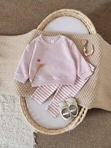 2件組女嬰服裝 粉色花卉刺繡肩扣衛衣與長褲 春秋款 - 粉色 - 查看 16