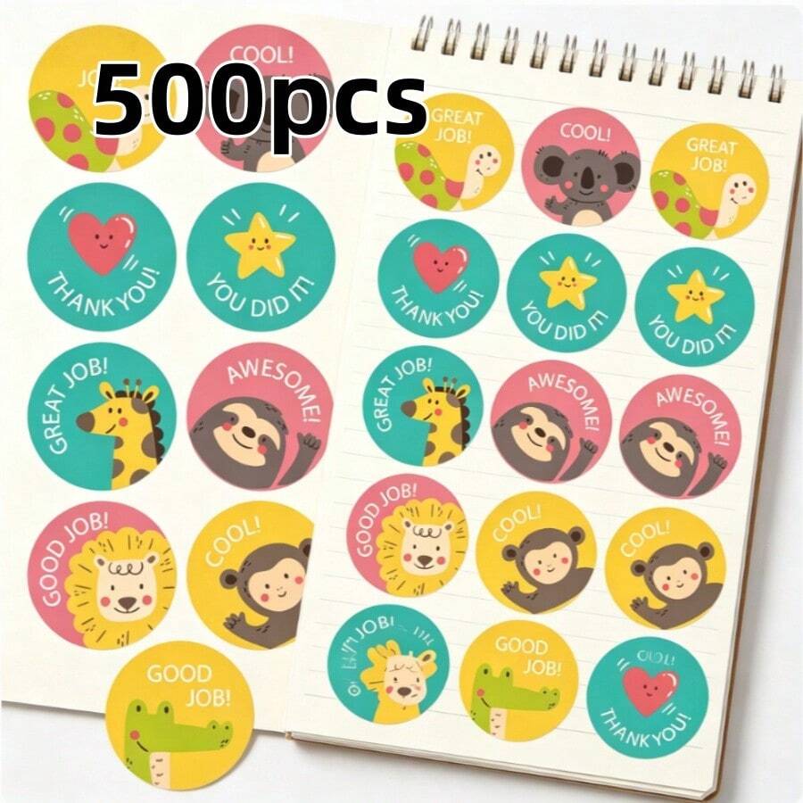 500pcs Motivational Stickers With Cartoon Animals (Monkey, Giraffe, Crocodile, Turtle, Heart, Lion), Cute Non-Adhesive Labels For Children, Office And School Supplies, Stationery, Doodle Stickers, Gifts For Birthday, Easter, Christmas, Family, Friends, Boys, Girls, Classmates - 500pcs - View 1