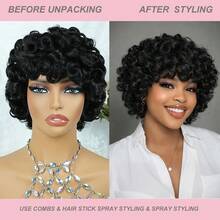 Layered Short Loose Curly Pixie Cut Human Hair Wig For Women Black Colored Human Hair Wig With Bangs Remy Peruvian Human Hair Wig Elastic Net Full Machine Made Holiday Wear Party Wear - Natural Black - View 4