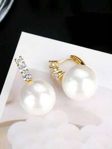 1 Pair Luxurious Cubic Zirconia & Faux Pearl Dangle Earrings, Designed For Women, Suitable For Weddings, Engagements, Anniversary Parties, Valentine's Day Gifts - 1# - View 2
