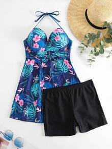 WaveBikini Navy Tropical Floral Halter Swim Dress, Underwire Ruched A-Line Skirt Swimsuit For Women - Multicolor - View 4