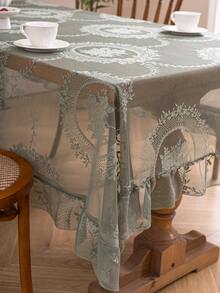 1pc French Elegant Floral Lace Trim Tablecloth, Countryside Fresh Decor - Green - View 8