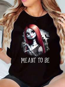 Meant To Be Sally From Nightmare Before Christmas Printed Disney Women T Shirt Round Neck Short Sleeve Casual Wear Halloween Costume Soft Comfortable 220g - màu đen - Xem 1
