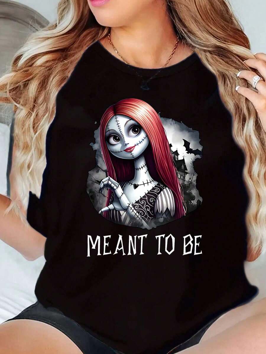Meant To Be Sally From Nightmare Before Christmas Printed Disney Women T Shirt Round Neck Short Sleeve Casual Wear Halloween Costume Soft Comfortable 220g - màu đen - Xem 1