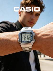 CASIO 日常復古必備款：中性不鏽鋼數位手錶，方形銀色錶盤，30M 防水，附鬧鐘、秒錶、螢光顯示 A178WA-1A - 銀色 - 查看 3
