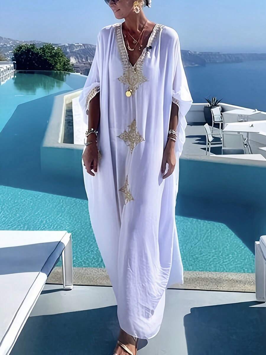 Talla Grande - Talla Grande - Talla Grande Bata Dorada Bordada Disfrute en Vacaciones Cómoda Holgada Playa Cubre Vestido Bata Falda Larga - Blanco - Ver 1
