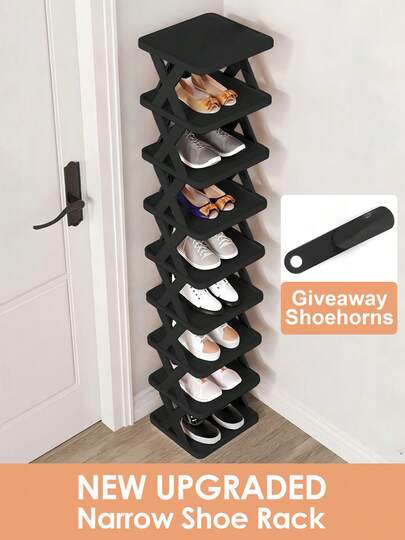 DO DOWIN 9/6 Tier Vertical Shoe Stand Space Saving Narrow Shoe Rack, Small Shoe Shelf, DIY Free Standing Shoes Storage Organizer For Entryway, Closet, Hallway, Easy Assembly And Stable In Structure, Black Shoe Rack, Plastic Material, Consumables, Christmas Gift, Black Plastic Shoe Rack New Year Gift