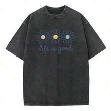 Beyond BoundsHolafish Acid Wash Cotton T-Shirt With Daisy Print Drop Shoulder Design For Vintage Streetwear Unisex Baggy Hip Hop Style Acid Washed Graphic Tee Mother's Day Gift2026summer Outfits For Women2026ropa-Cute Top-Summer Tops For Women Vintage Tops Motif Women Clothes Cotton Women Clothing Summer Outfits For Women Vacation Outfits Women - Black - View 1