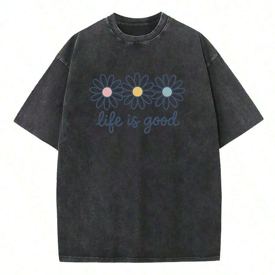Beyond BoundsHolafish Acid Wash Cotton T-Shirt With Daisy Print Drop Shoulder Design For Vintage Streetwear Unisex Baggy Hip Hop Style Acid Washed Graphic Tee Mother's Day Gift2026summer Outfits For Women2026ropa-Cute Top-Summer Tops For Women Vintage Tops Motif Women Clothes Cotton Women Clothing Summer Outfits For Women Vacation Outfits Women - Black - View 1
