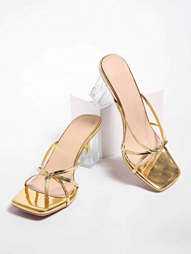 Sandal nữ mùa hè phong cách tối giản mới đa năng, sandal xỏ ngón gót kitten gót vừa đính sequin, gót thanh mảnh - Vàng - Xem 6