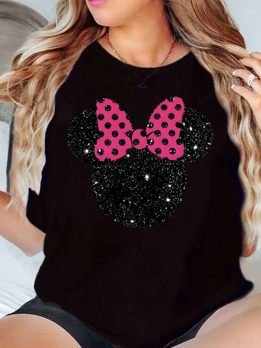 Minnie Mouse Bow Print Disney Women T Shirt Round Neck Short Sleeve Casual Wear For Everyday And Holiday Soft Comfortable 220g - 黑色 - 查看 1