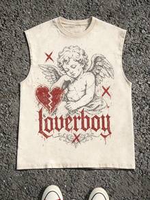 Men's Casual Crew Neck Sleeveless Washed Vest, Made Of 100% Cotton, Perfect For Summer Vacations.  Features A Stylish Print And Y2K Street Style. - 杏色S3 - 查看 1