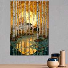 2D Plano, Bosque de Abedules Vintage y Sol Gigante - Póster de Lienzo Enmarcado en Madera de Abedul Dorado de Otoño, Montado Previamente, Bosque Romántico de Abedules Adecuado para Decoración de San Valentín, Pascua, Año Nuevo - Decoración Económica para Habitaciones, 2D Plano - Enmarcado - Ver 3
