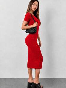 MHG Vestido Midi Ajustado Mujer Tela Rib Acanalada Manga Corta Casual Elegante Stretch Moldea Figura Moda Viral - Rojo - Ver 2