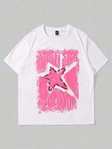 Camiseta estampada, camisetas de algodón con diseño gráfico, talla grande, cuello redondo de dibujos animados, manga corta, camiseta de talla grande para hombre con patrón de estrellas texturizadas en rosa, camiseta unisex de algodón puro de 220 g/m², cómoda y suave, de manga corta, estilo Y2K, camisa extragrande para hombre, camiseta adecuada para el verano. - Negro - Ver 1