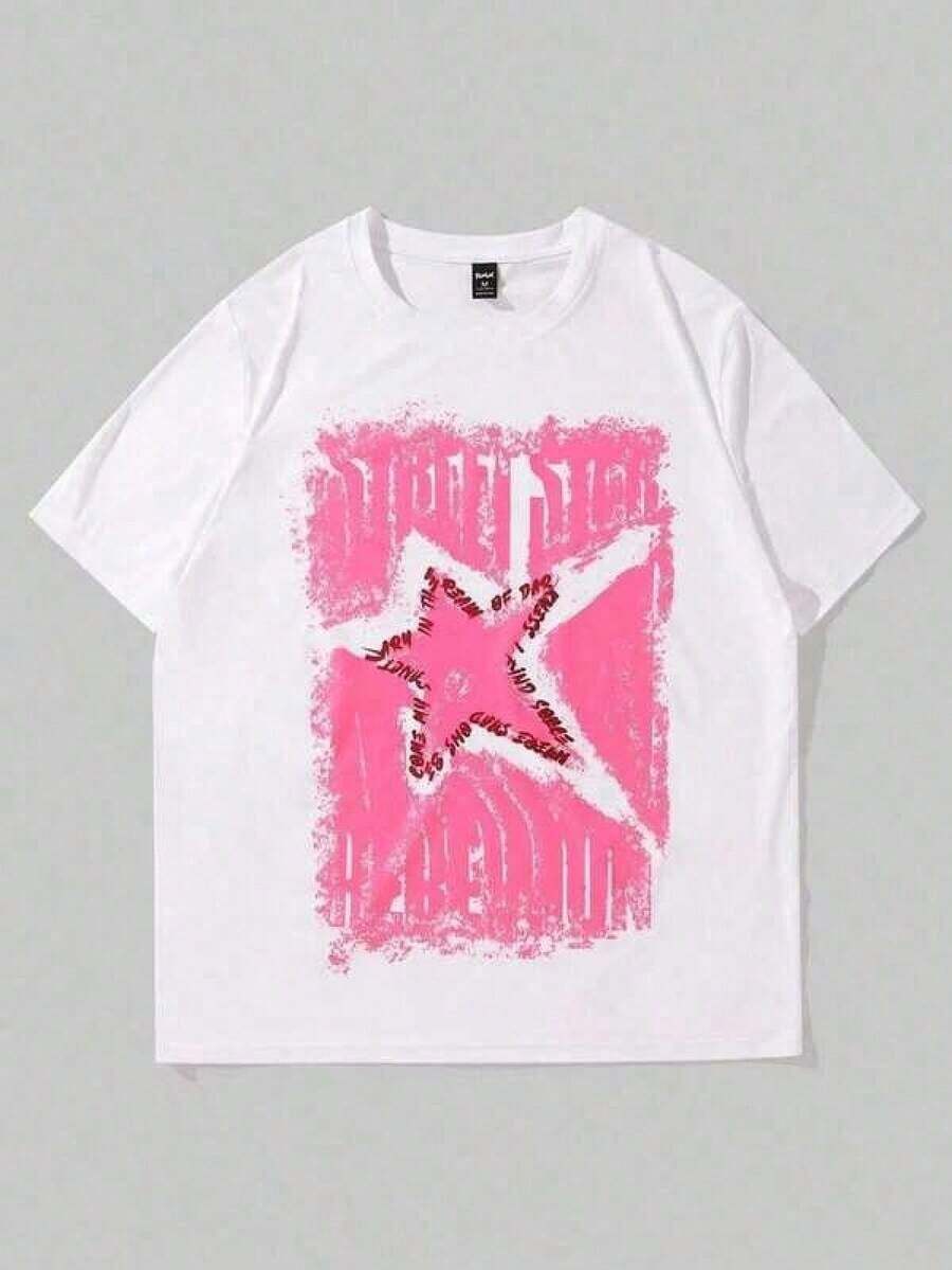 Camiseta estampada, camisetas de algodón con diseño gráfico, talla grande, cuello redondo de dibujos animados, manga corta, camiseta de talla grande para hombre con patrón de estrellas texturizadas en rosa, camiseta unisex de algodón puro de 220 g/m², cómoda y suave, de manga corta, estilo Y2K, camisa extragrande para hombre, camiseta adecuada para el verano. - Negro - Ver 1