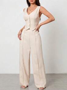 PETITE Conjunto de chaleco sin mangas con cuello abierto y pantalones informales - Gris Claro - Ver 10