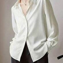 Fashion Women's Clothing Blusa casual de manga larga con botones delanteros y cuello, de corte holgado y con rayas, color negro, para mujer, primavera/verano - Negro01 - Ver 8